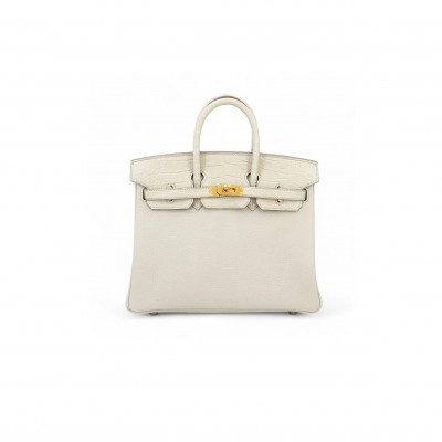 HERMÈS MASTER BIRKIN 25 CROCODILE AND TOGO LEATHER MILKSHAKE WHITE GOLD BUCKLE H076216CK18 (25*20*13cm)
